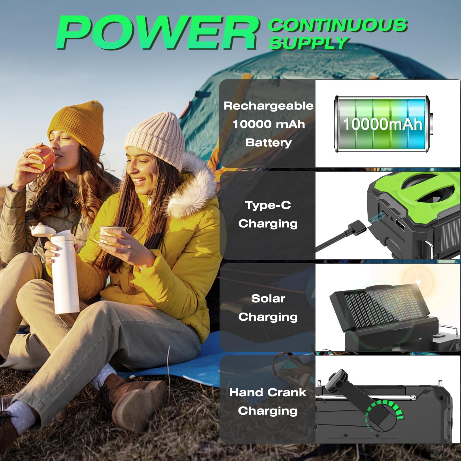 Emergency Weather Radio 37000mwh Solar Hank Crank Usb Charged With Noaa/am/fm  Flashlight Reading Light Sos Alarm For Kit Indoor Outdoor Power Outage