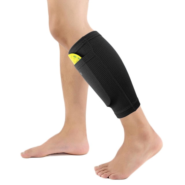 1 par de espinilleras de fútbol, calcetines protectores con bolsillo (S) negro