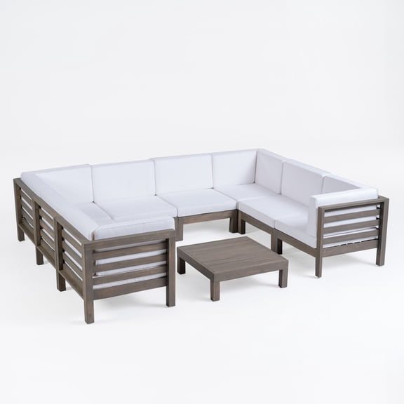 GDF Studio Cascada Outdoor Acacia Wood 8 Seater Sectional Sofa Chat Set with Cushions, Gray and White