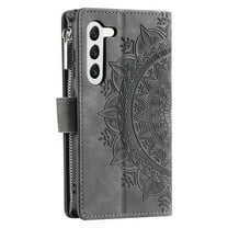 ShellTech Samsung Galaxy S23 Wallet Case for Women, Mandala Floral Embossed PU Leather Folio with Zipper, Magnetic Closure, Card Slots, and Wrist Strap,Gray