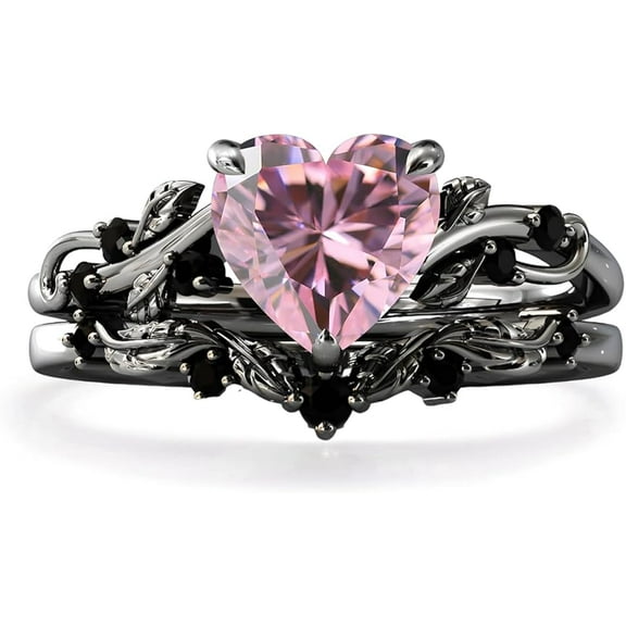 Dreamofdazzles Jewels 925 Sterling Silver 2.00 Ct Heart Cut Pink Sapphire & Black Diamond Wedding Valentine's Anniversary Christmas Bridal Ring Set 14K Black Gold Plated For Women's -10