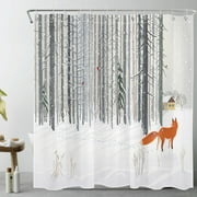HVEST Winter Forest Shower Curtain,Fox with Cardinals and Farmhouse on Snow Bathroom Shower Curtain Natural Landscape Polyester Fabric Decor Curtain with Hooks, 69X70 inch