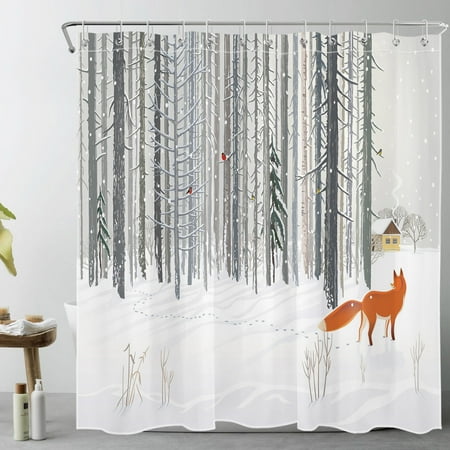 HVEST Winter Forest Shower Curtain,Fox with Cardinals and Farmhouse on Snow Bathroom Shower Curtain Natural Landscape Polyester Fabric Decor Curtain with Hooks, 69X70 inch