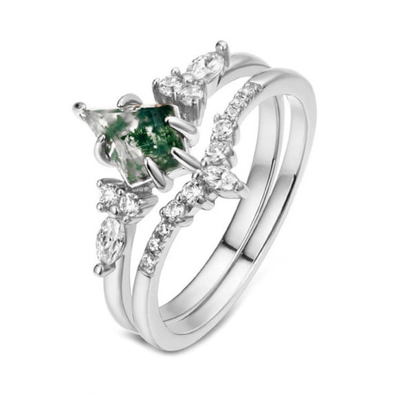 YIEMEEN Unique 2 Piece Unique Double Rings Set with Natural Moss and Green Water Grass Rings Accessory Elegant Rings