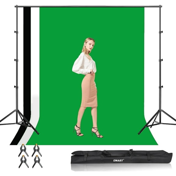 EMART 8.5x10ft Professional Adjustable Backdrop Stand Kit with Green Screen & 3 Polyester Backgrounds (Black, White, Green) – Photo/Video Studio System for Photography, Streaming, Content Creation