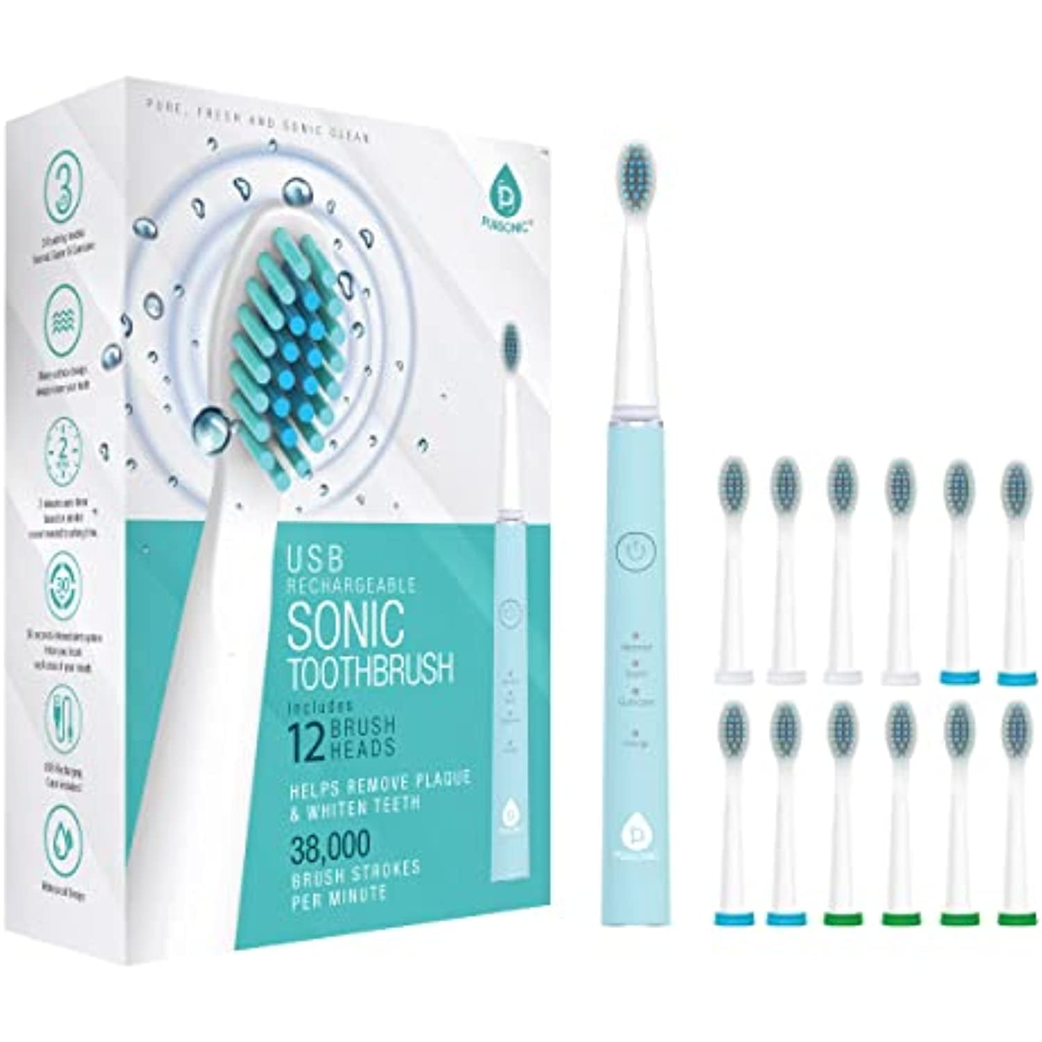 Pursonic Whitening USB Rechargeable Sonic Toothbrush12 Brush Heads! 38,000 Brush Strokes Per