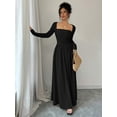thumbnail image 6 of Black Womens Square Neck Long Sleeve Cinched Waist A-Line Maxi Dress, 6 of 7