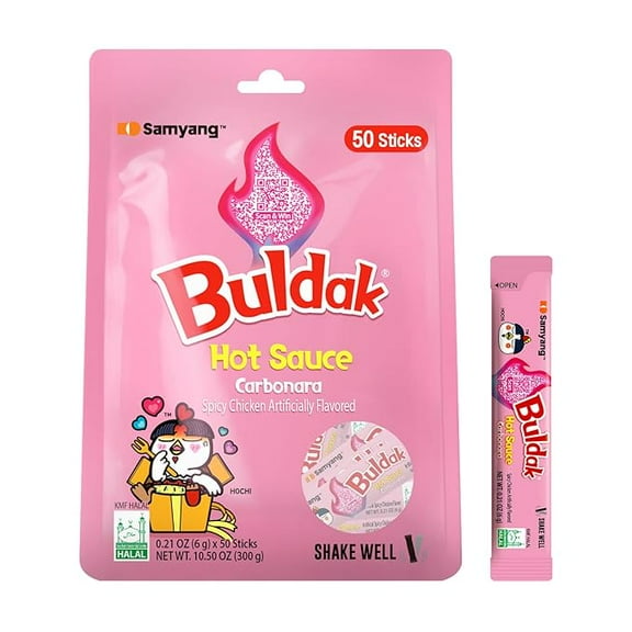 50 Sticks Samyang Buldak Carbonara Stick Sauce, Carbonara Spicy Hot Chicken Flavor Sauce, Korean Hot Sauce (0.17 Fl Oz x 50 Sticks)