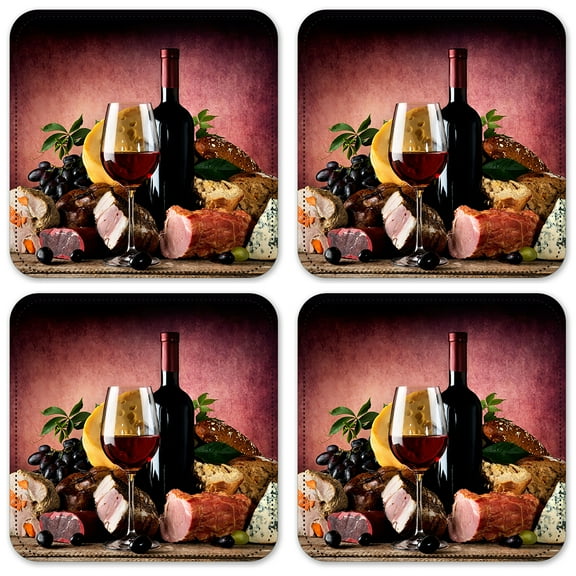 Vinyl Drink Coasters - Set of 4 - Red Wine with Meat & Cheese