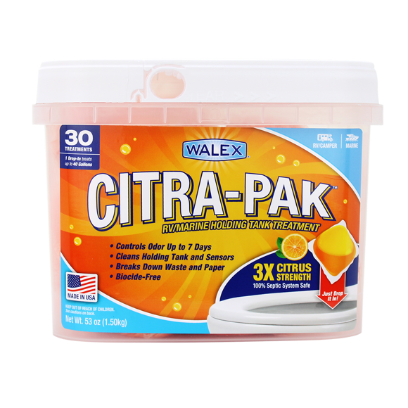 Walex Waste Holding Tank Treatment CITRAPAK30 Citra-Pak; Without Formaldehyde; With Deodorant; Citrus Scent; Without Lubricant; Treats Up To 40 Gallon Holding Tank; Drop-In Individual Dose Pouches