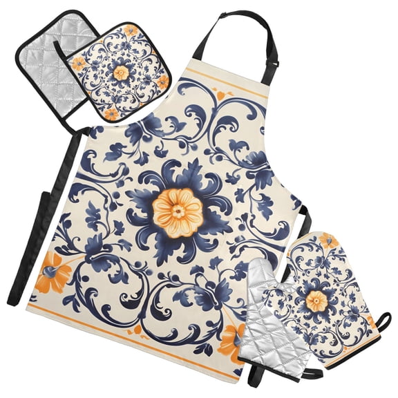 Floral Mandala 5 Pcs Kitchen Set Heat Resistant Oven Mitts and Non-Slip Pot Holders with Adjustable Cooking Apron