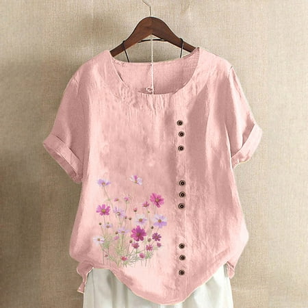 Qhnvtd White Tank Womens Tank Tops Summer Casual Plus Size Casual Tops Womens Cap Sleeve Shirt Women Casual Cotton And Linen Top Printed Short Sleeve Button Tunic T-shirt Blouse Tops Pink