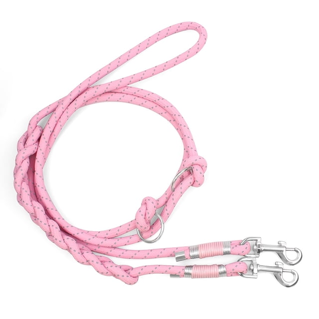 Hand Woven Reflective Double Dog Leash, 2-in-1 No Dog Walking Lead, Adjustable Nylon Rope with 360° Swivel Clips for 2 Dogs