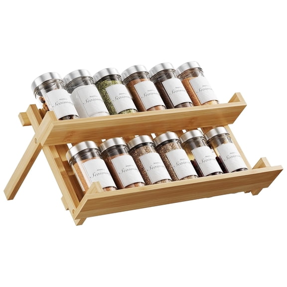 Delamu 2 Tier Foldable Cabinet Organizer Shelf, No Assembly Spice Rack for Cabinet, Countertop, Pantry & Cupboard, Bamboo Spice Organizer Kitchen Shelf