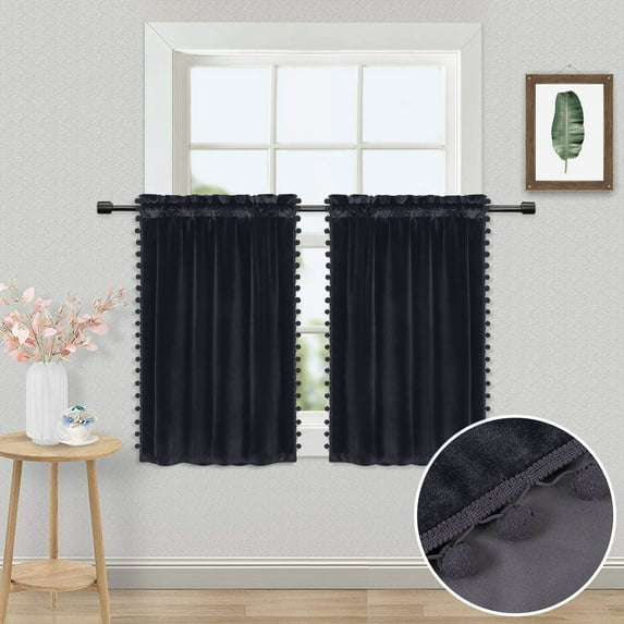Haperlare Velvet Kitchen Curtain for Living Room Room Darkening Cafe Curtains for Bedroom, 2 Panels, 26"W x 36"L, Black