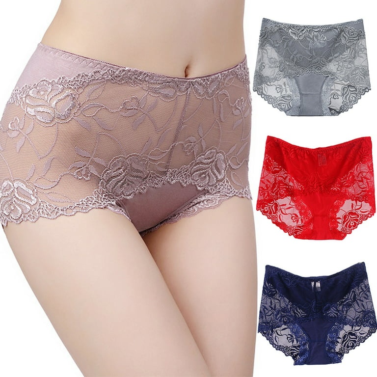 rygai Women High Waist Lace See Through Underpants Elastic Briefs