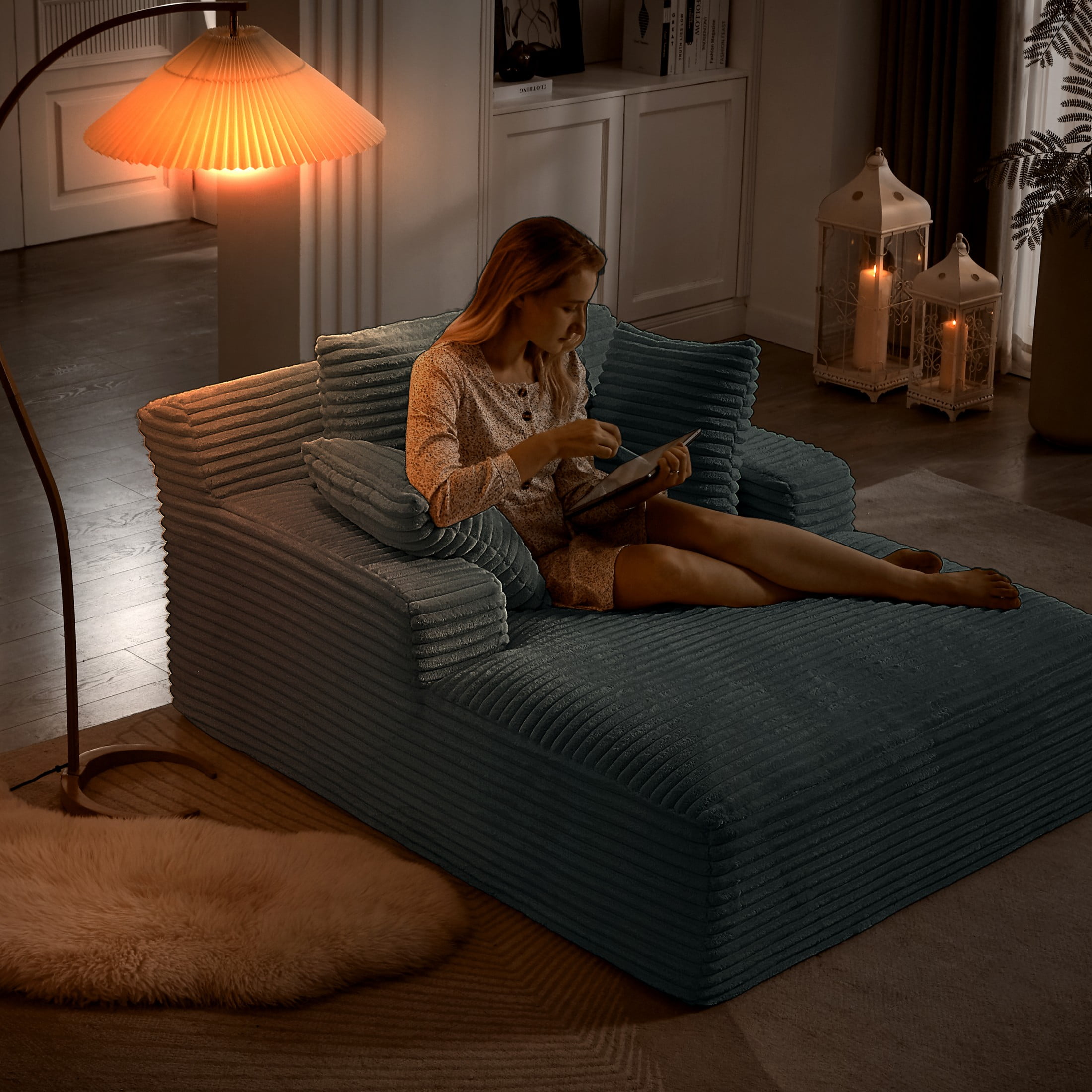 Aukfa Oversized Chaise Lounge Sofa Bed, Corduroy Upholstered Sleeper Chair, Boneless Deep-Seat Couch, Dark Gray
