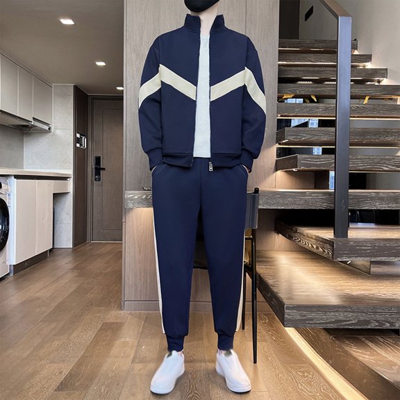 Yusimy Men's Color-Block 2-Piece Stand-Up Collar Set Zip-Up Long Sleeve Elastic Waist Slim-Fit Pocket Pants Casual Sports