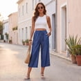 thumbnail image 5 of Capris for Women with Pockets Petite Pants Drawstring Casual Pull on Palazzo Trousers with Pockets Loose High Waisted Wide Leg Lounge Pants Blue S, 5 of 9