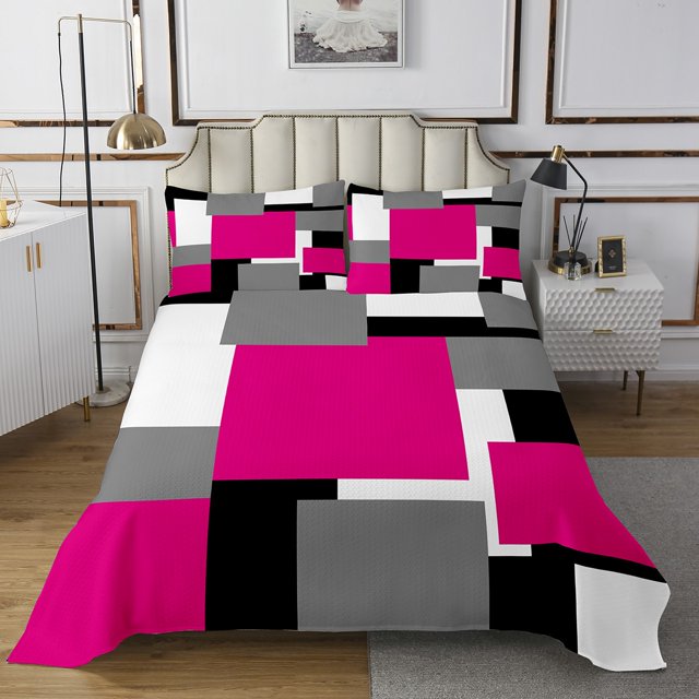 Erosebridal Chic Abstract Quilt Sets for Twin Size Bed, Hot Pink Bed Set, Rectangle Geometry Decor 2-Piece