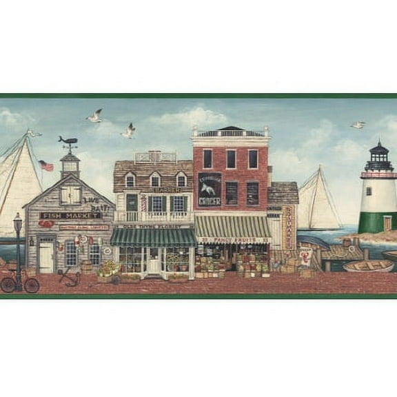 878826 Harbor Coastal Fishing Village Wallpaper Border CB089164b