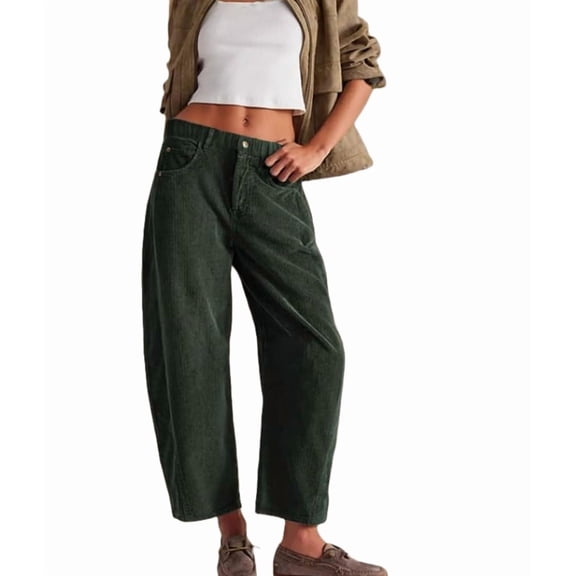 Women'S Corduroy Pants Mid-Rise Elastic Waist Cord Pant Casual Wide Leg Baggy Trouser with Pockets Dark Green XXL