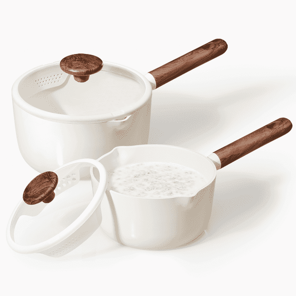 Carote 2QT & 3QT Ceramic Nonstick Saucepan Set with Strainer Lids, Small Cooking Pot, Induction Compatible, White