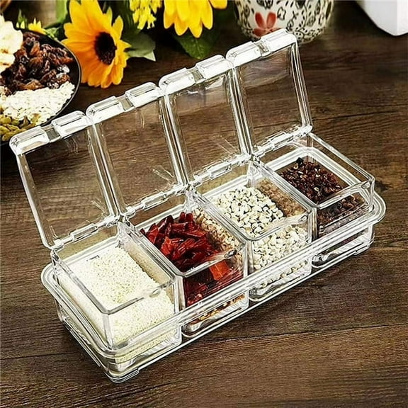 Ihvewuo Seasoning Box Transparent Condiment Jar Dust-proof Spice Pot Sealed Spice Container with Lid and Spoons
