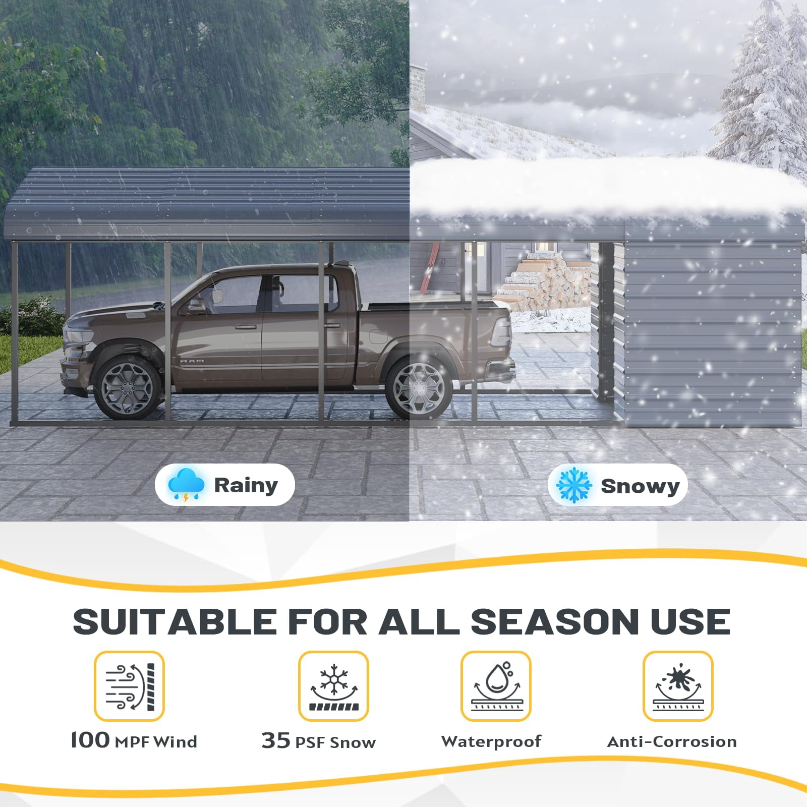 Mellcom 12'x25' Outdoor Meatl Carport Garage 2-in-1, Heavy Duty Carport with Galvanized Metal Frame, Enclosed Storage Shelter for Trucks, Cars，SUVS& All Vehicles, Gray