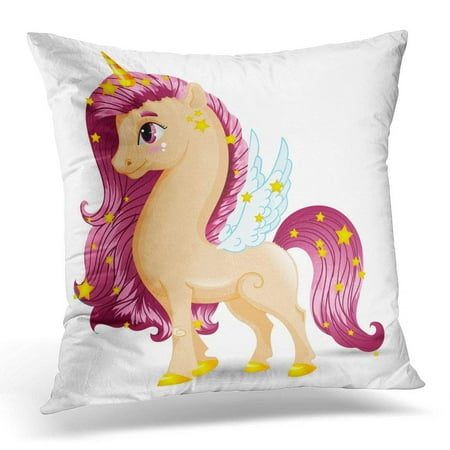 Yellow Pony Spring - CMFUN Colorful Animal Sweet Unicorn Beige Pony Character with White Blue Wings and Golden Hooves on 10 Yellow Pillow Case Pillow Cover 20x20 inch