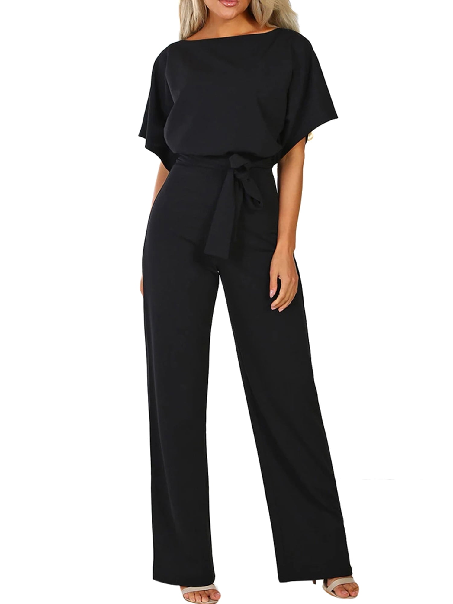 Sebaby Womens Belted Button Down Long Sleeve Wide Leg Rompers Jumpsuit 