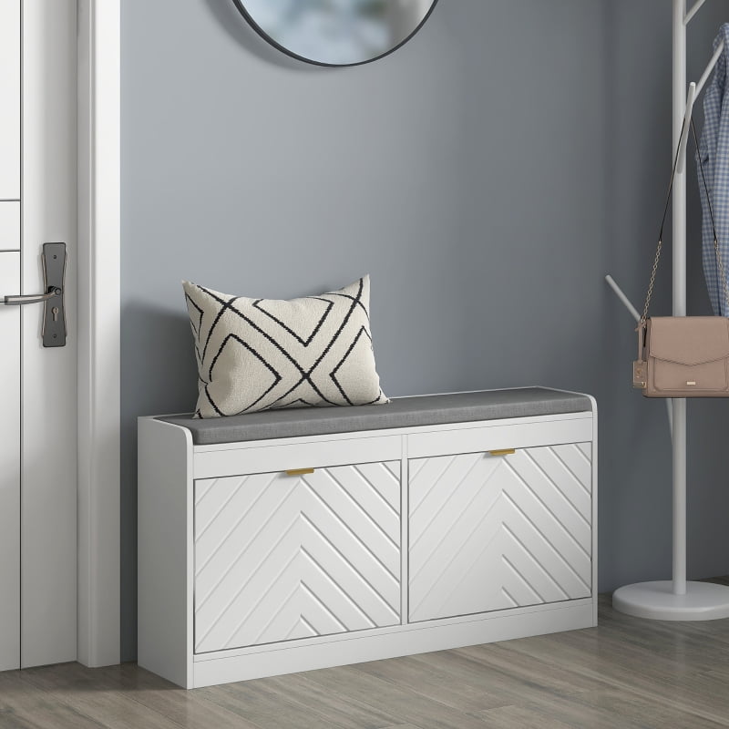 HOQBN Narrow Storage Bench, Upholstered Entryway Bench, Shoe Rack Bench with 2 Flip Drawers and 2 Vents, Holds 8 Pairs of Shoes