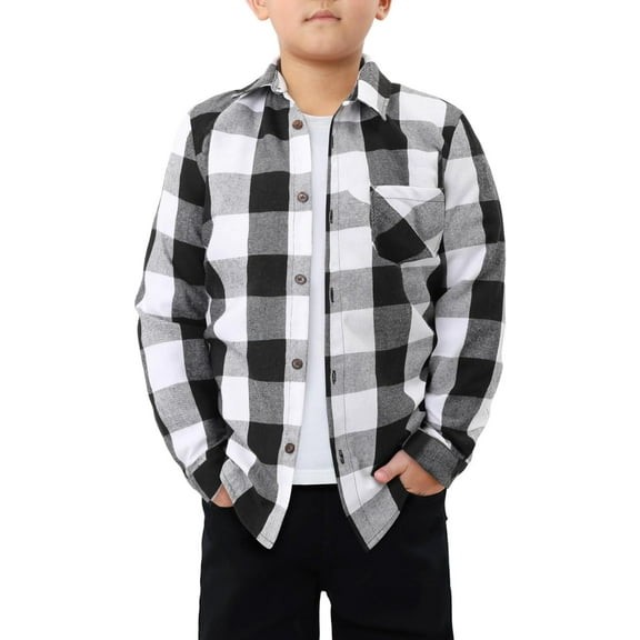KISSMODA Boys Casual Button Down Shirts Kids Long Sleeve Plaid Blouses Shacket Jacket 7-15 Years