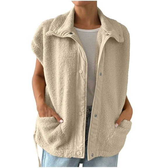 cocolona Womens Fall Winter Fleece Vest Solid Casual Sleeveless Button Up Jacket Fuzzy Warm Coat Fashion Outwear with Pockets