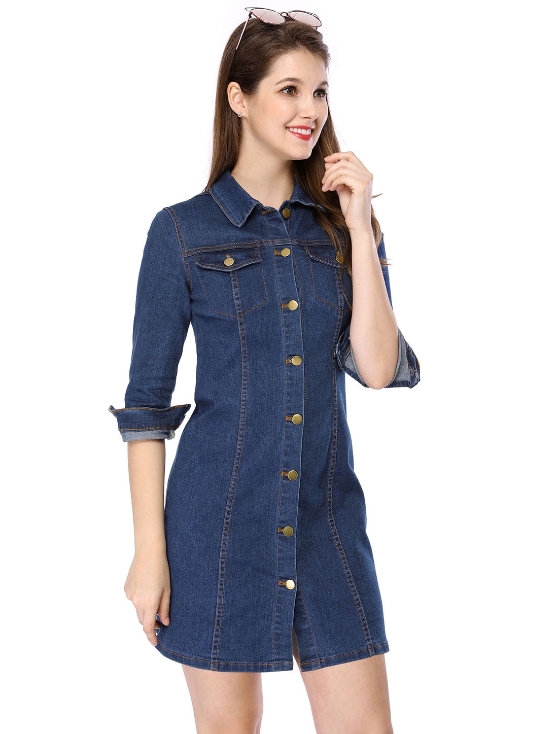 DARING DIVA 3/4 Sleeve Button Down Denim Shirt Dress S Blue