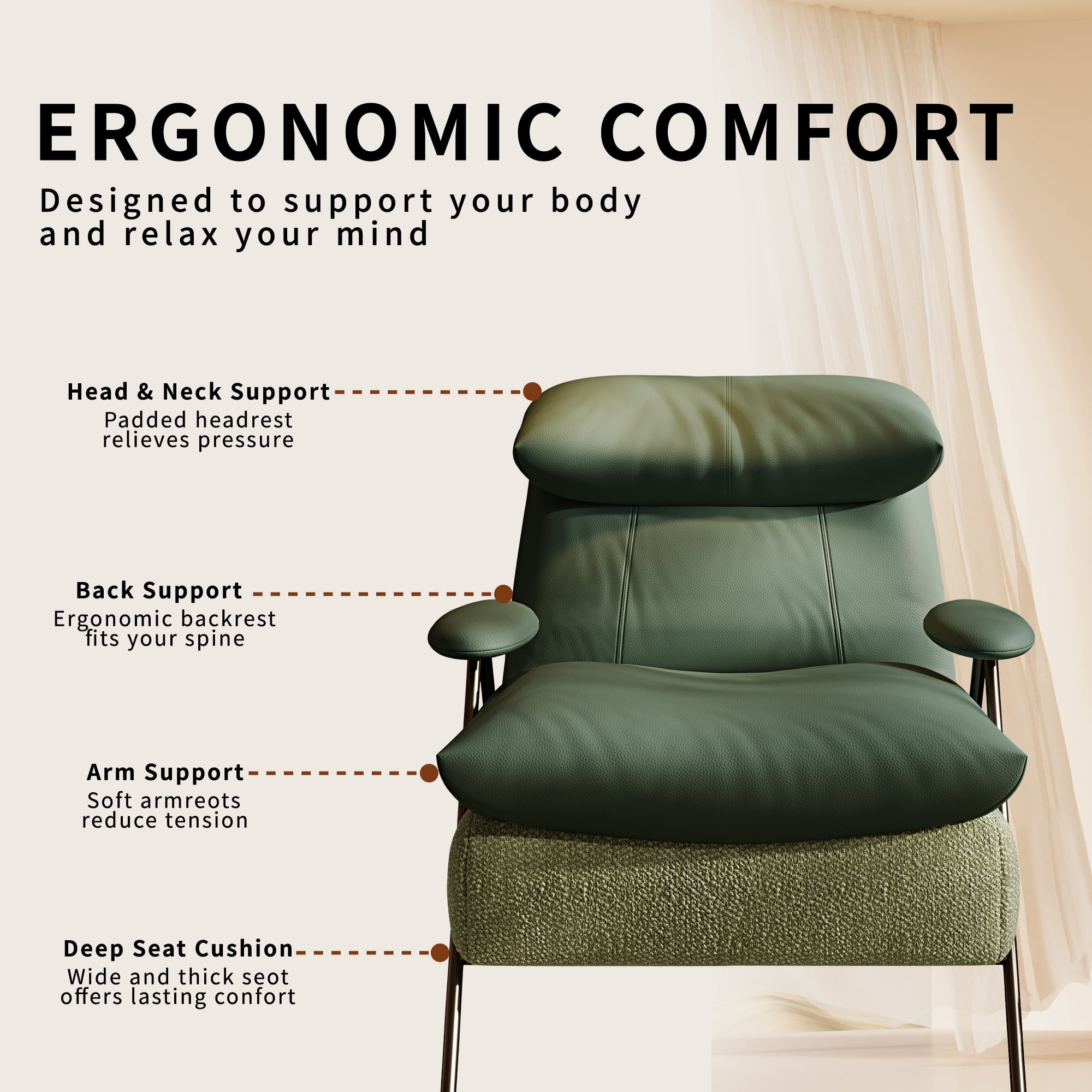 Howcool Modern Upholstered Accent Chair,Armchair with Wide Cushioned Seat,Ergonomic Lounge Chair with Solid Wood Frame for Living Room,Bedroom,Green