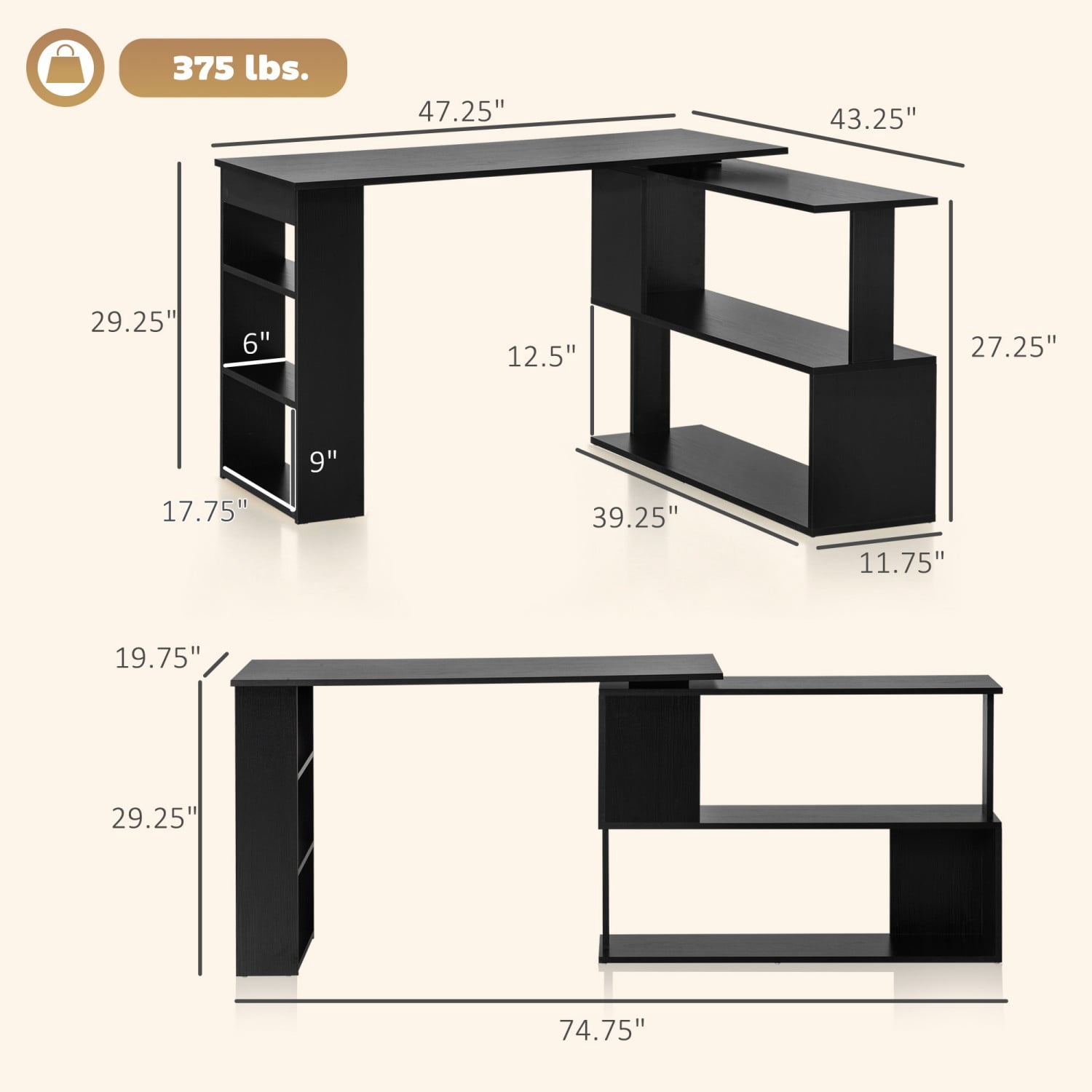 360° Rotating L Shaped Computer Desk, Corner Writing Table with Shelves Storage for Home Office Bedroom Study Gaming Workstation, Black