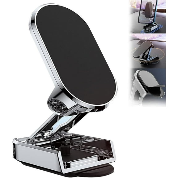 2023 New Alloy Folding Magnetic 360° Car Phone Holder, Foldable Car Phone Mount, Dashboard Folding Bracket Universal, Navigation Holder Stand for Car (Silver)