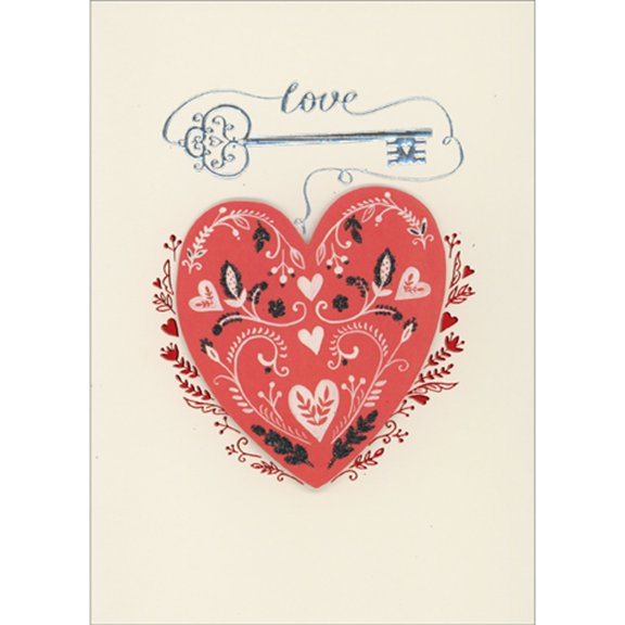 RSVP Vintage Silver Key and Love Connected to 3D Tip On Heart Hand Decorated Romantic Valentine's Day Card