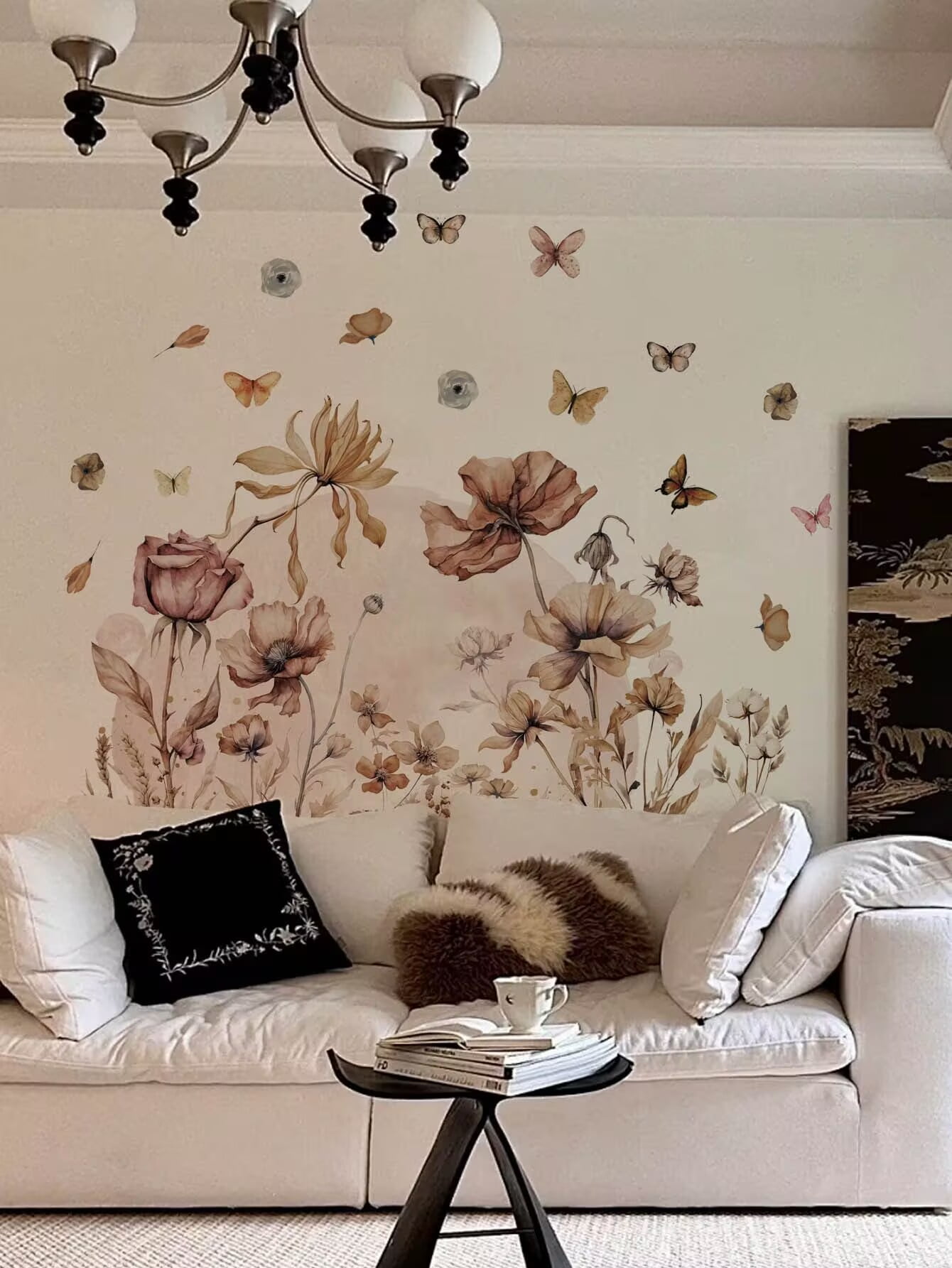 Boho Flower Wall Decals Garden Floral Butterflies Wildflower Wall Stickers Removable Self-Adhesive Vinyl Wall Clings for Living Room Bedroom Sofa TV Background Wall Art Decor