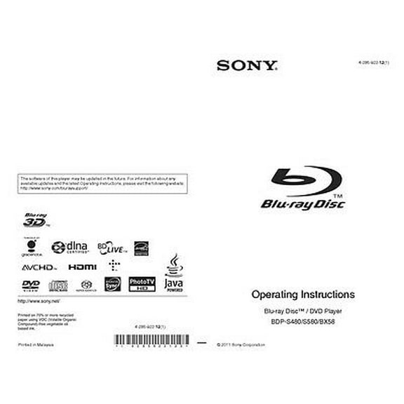 Instruction Manual ONLY for Sony BDP-S480 Blu-ray Player Owners Manual REPRINT