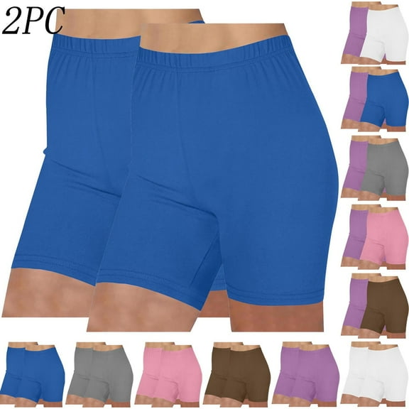 HomeDM 2 Pack Womens Yoga Biker Shorts - Active Soft High Waist Workout Gym Running Shorts Solid Color Leggings Pants for Casual Summer - Blue/L