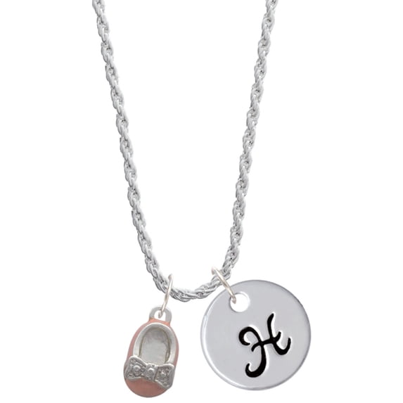 Delight Jewelry Silvertone Pink Enamel Baby Shoe with Bow Silvertone Script Initial Disc - H - Charm Necklace, 20"+3"