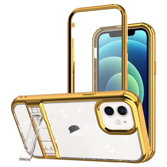 TOP SHE Case for Apple iPhone 12 (6.1-inch), iPhone 12 Pro Case (6.1 Inch), Clear Back Case Kickstand Case Slim Fit Lightweight Case Scratch Resistant Protective Rugged Cover Case (Gold)