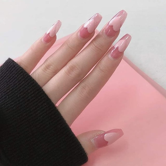 Apuakthei 24 uñas postizas largas, uñas postizas de ataúd, uñas acrílicas de cobertura total brillante, lindas uñas a presión para niñas y mujeres (rosa)