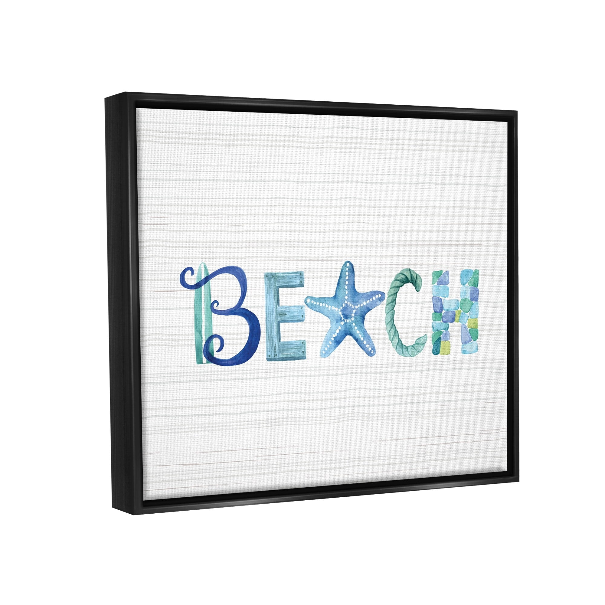Stupell Industries Beach Letters Typography Sea Life Pebbles Rope Graphic Art Jet Black Floating Framed Canvas Print Wall Art, Design by Sharon Lee