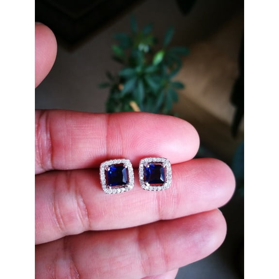 2.24Ct Halo Stud Earrings Princess Cut Lab Created Diamond and Sapphire in 14K White Gold Plated Silver