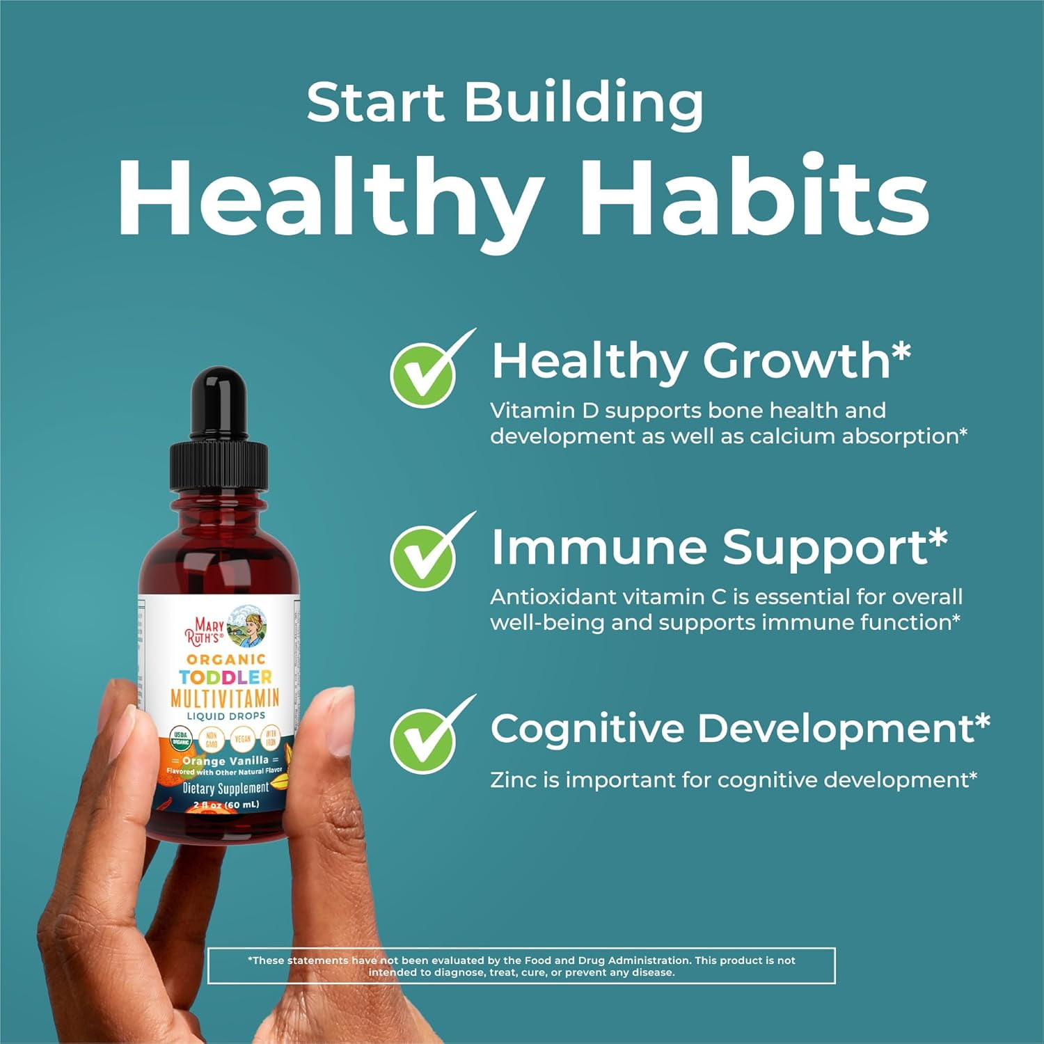 MaryRuth's Organic Toddler Multivitamin Liquid Drops with Iron Orange Vanilla Vegan, Non-GMO 2 fl oz / 60 ml Overall Wellness