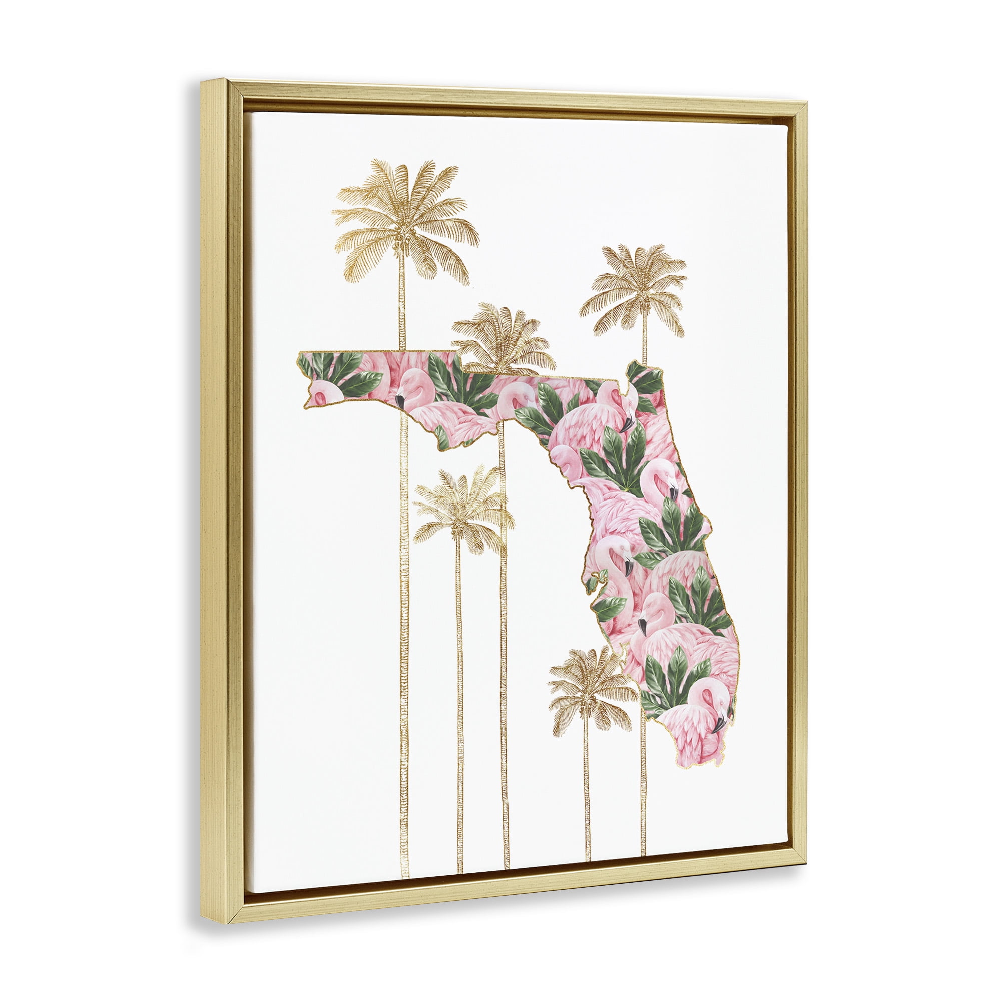 Stupell Industries Flamingo Patterened Florida Town & City Painting Gold Floater Framed Canvas Art Print Wall Art, 17 x 21