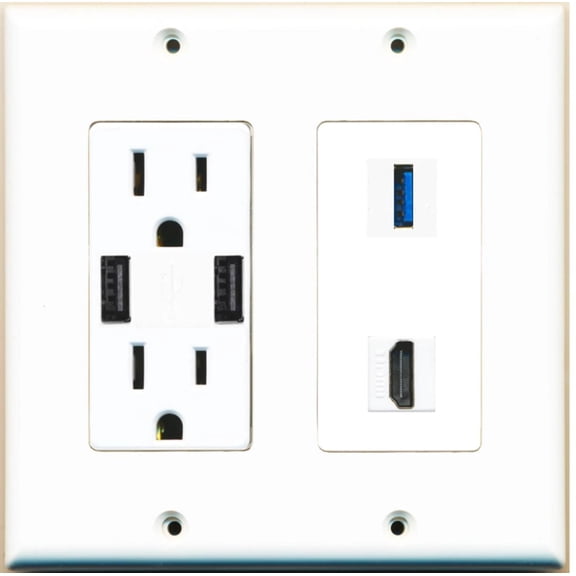 Ultra Spec Cables 1 Port USB 3.0 A-A HDMI Wall Plate w/2 USB Charger Power Outlet